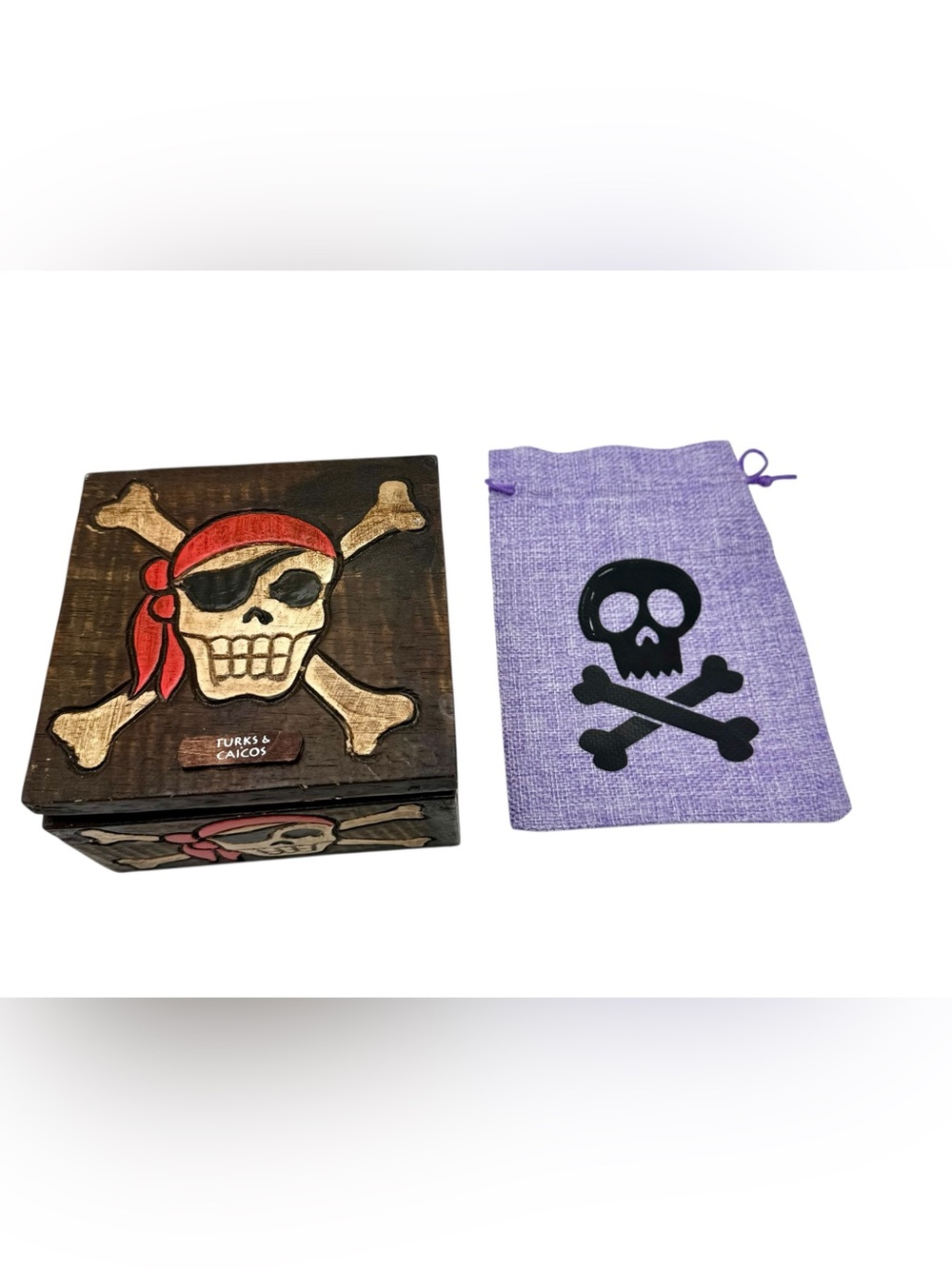 Turks and Caicos Pirate Skull Wooden Trinket Box with Purple Skull Pouch